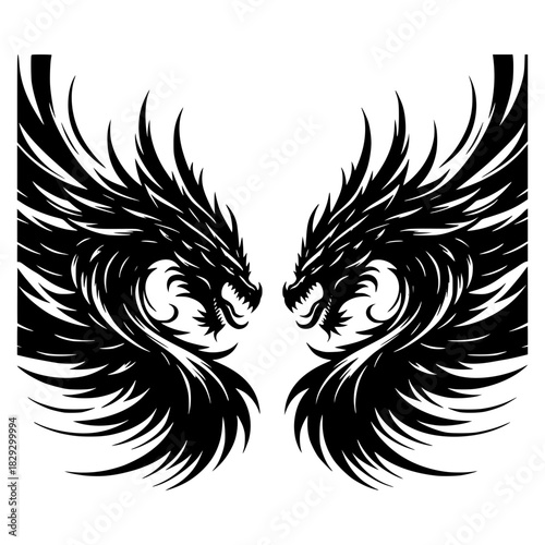 two heavily winged black dragons facing each other, roaring with fury vector illustration