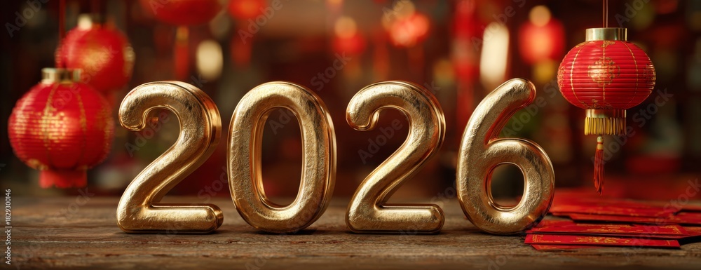 Naklejka premium Golden numbers 2026 decorated with red lanterns for Chinese New Year, gretting card 