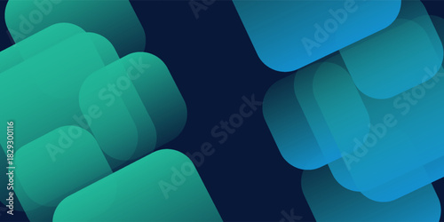 Abstract blue horizontal banner background with shining blue and green geometric square shapes. Suitable for headers, covers, presentations, companies, websites, vector illustration.