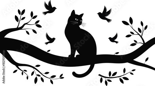 Black cat sitting on a tree branch with several birds flying around it in silhouette