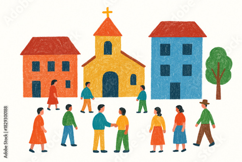 People Gathering Outside a Church in a Town