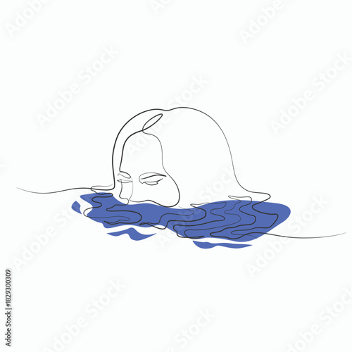 Female drowning aesthetic one line drawing. Female drowning aesthetic single line illustration. Female drowning aesthetic minimalist line art