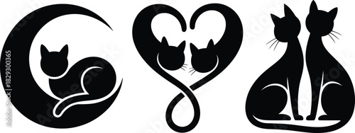 Charming black cat silhouettes featuring a feline on a crescent moon, a heart shape, and a loving pair