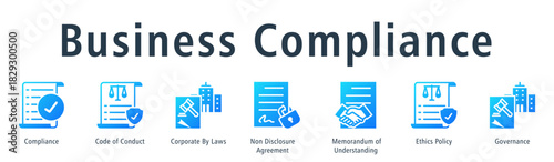 Business compliance web banner icon vector illustration concept with icon of compliance, code of conduct, corporate by laws, non disclosure agreement, memorandum of understanding, and ethics policy.
