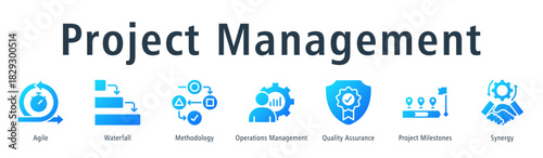 Project management web banner icon vector illustration concept with icon of agile, waterfall, methodology, operations management, quality assurance, project milestones, and synergy.