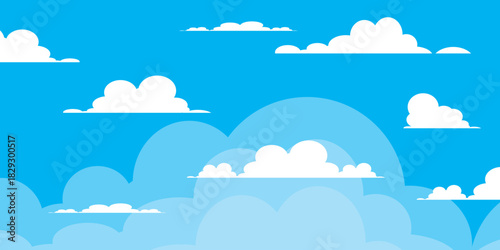 Illustration of a blue sky with white clouds in a flat style. Blue sky background and white clouds. Cartoon sky	
