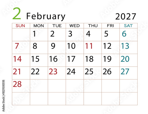 2027年カレンダー　2月	