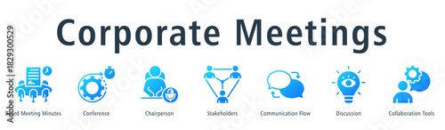 Corporate meetings web banner icon vector illustration concept with icon of board meeting minutes, chairperson, stakeholders, communication flow, discussion, conference, and collaboration tools.