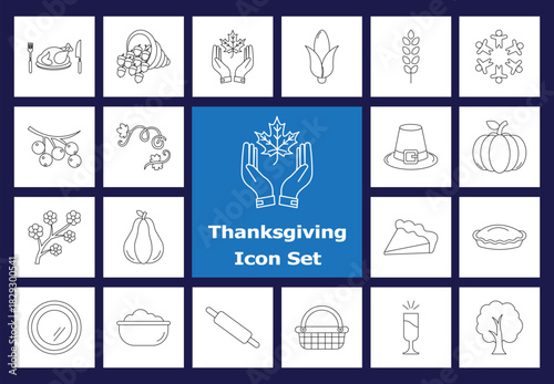 Outline Thanksgiving Harvest Line Icons. Thin Stroke Vectors of Fall Season, Food, Dinner, Pie, Corn, and Holiday Celebration Elements.