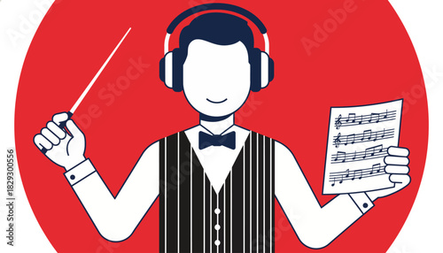 Music Conductor Headphones Score Icon, Maestro Director Portrait, Classical Performance Audio