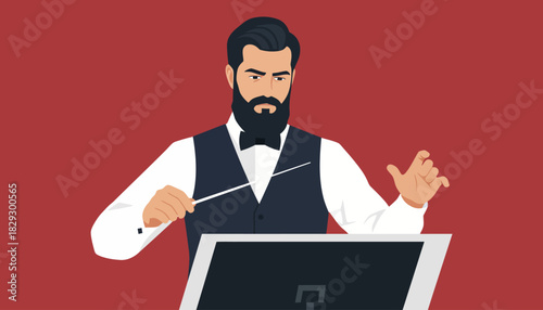 Bearded Conductor Leading Orchestra, Serious Music Maestro with Baton, Elegant Director on Red Background