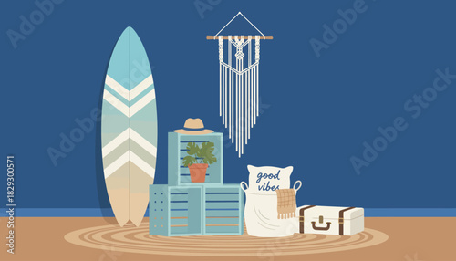 Boho Beach Interior Decor, Surfboard, Macrame and Ocean Vibes, Coastal Living Room Accessories