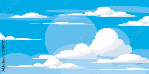 Illustration of a blue sky with white clouds in a flat style. Blue sky background and white clouds. Cartoon sky	