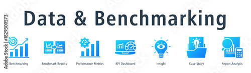 Data and benchmarking web banner icon vector illustration concept with icon of benchmarking, benchmark results, performance metrics, KPI dashboard, insight, case study, and report analysis.