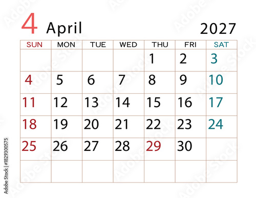 2027年カレンダー　4月	