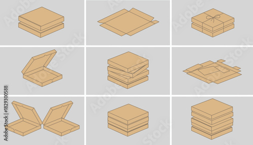 Cardboard Pizza Box Packaging Set, Isometric Brown Box Template Layout, Shipping and Delivery Container Icons