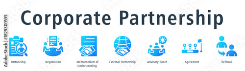 Corporate partnership web banner icon vector illustration concept with icon of partnership, negotiation, memorandum of understanding, external partnership, advisory board, agreement, and referral.
