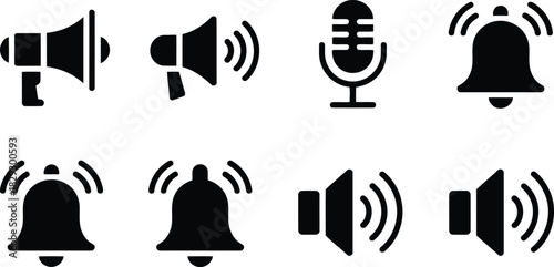 Collection of black glyph icons illustrating sound, audio, and notification functionalities