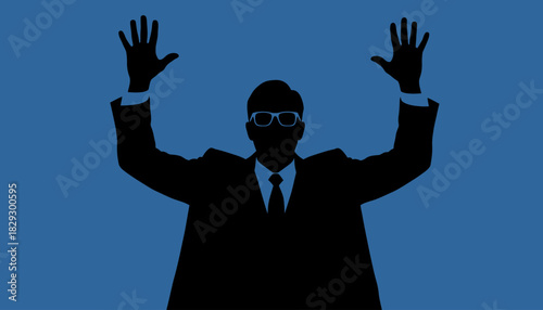 Businessman Silhouette Hands Raised Surrender, Man in Suit Giving Up or Celebration, Formal Blue Background