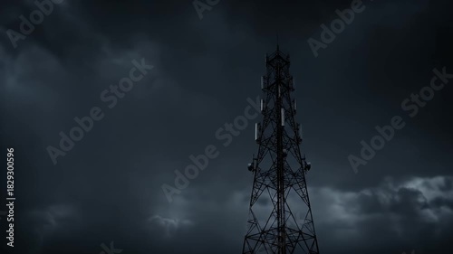 Tower Silhouetted Against Dark Stormy Sky with Bright Lightning Strike Illuminating the Clouds