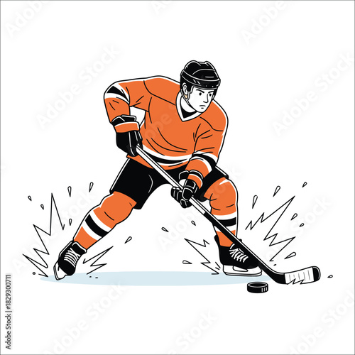 Hockey Player in Orange Uniform Stickhandling Puck on Ice hockey