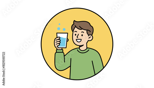 Happy Man Drinking Water, Hydration and Refreshment Icon, Simple Illustration of Water Intake