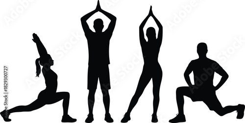 Collection of diverse individuals showcasing various yoga and fitness poses in silhouette