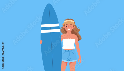 Happy Woman with Blue Surfboard, Summer Beach Vacation and Surfing, Smiling Girl Ready to Surf