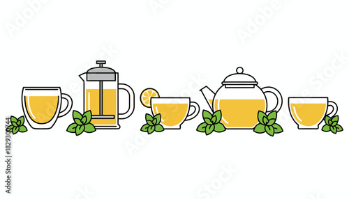 Herbal Tea and Teaware Collection, Set of Mint Tea Cups and Pot, Fresh Hot Beverage Variety