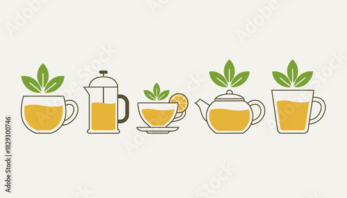 Herbal Tea Infusion Icons Set, Organic Tea Time Vector Collection, Healthy Hot Drink Preparation