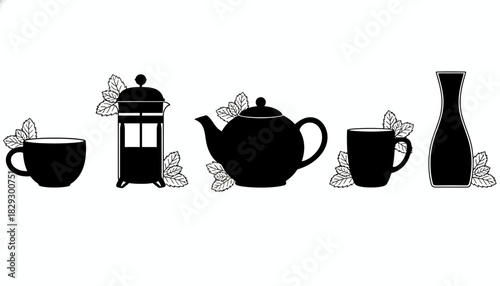 Herbal Tea Brewing Collection, Elegant Black Tea Utensils, Mint Infusion Still Life