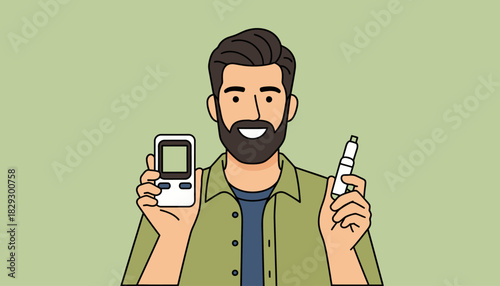 Man Holding Glucose Meter and Pen, Happy Diabetic Patient Monitoring Health, Blood Sugar Testing Equipment
