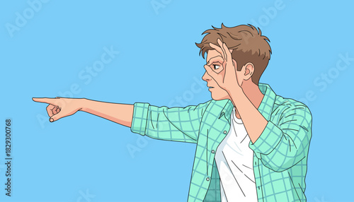 Man Pointing and Focused on Direction, Young Person Searching with OK Gesture, Future Planning and Forward Vision