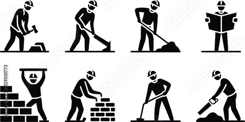 Collection of eight black silhouette icons showing various construction workers engaged in building activities