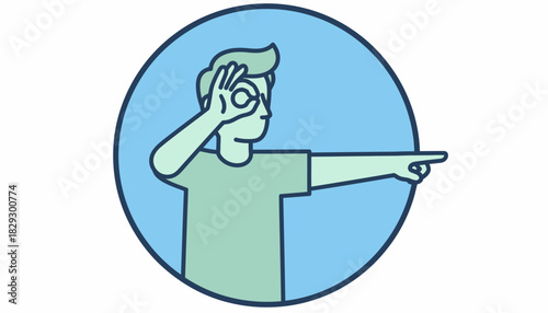 Man Pointing and Searching Icon, Focused Direction and Looking Ahead, Forward Vision and Opportunity