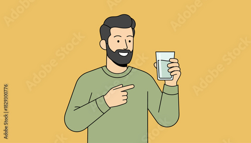 Man Pointing to a Glass of Water, Healthy Hydration and Drinking Icon, Promoting Water Consumption