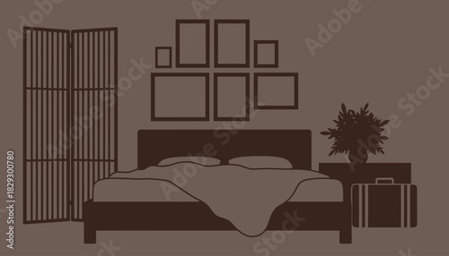 Minimalist Bedroom Interior Design, Cozy Hotel Room Silhouette, Modern Bed and Picture Frames