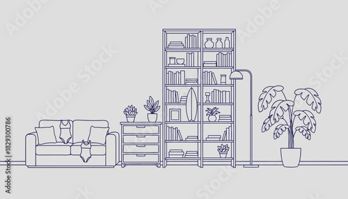Minimalist Living Room Outline, Home Library and Sofa, Contemporary Interior Line Art