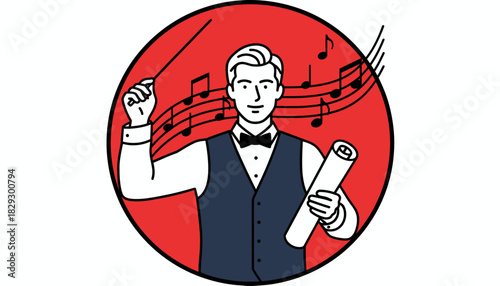 Music Conductor with Baton and Score, Orchestra Maestro Icon, Classical Music Director