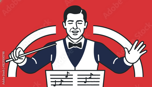 Orchestra Conductor on Red Background, Dramatic Music Director Icon, Classic Conductor Leading Performance