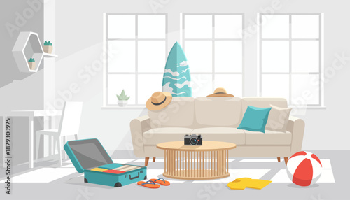 Summer Vacation Travel Preparation, Living Room Packed for Beach Trip, Holiday Getaway and Adventure