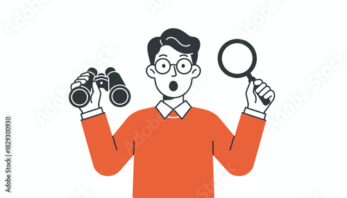 Surprised Man with Binoculars and Magnifier, Search Discovery and Research Concept, Shocked Detective Looking for Clues
