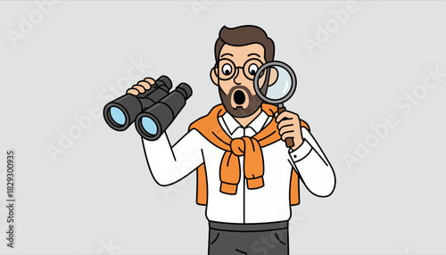Surprised Researcher with Tools, Man Holding Binoculars and Magnifier, Shocked Discovery and Investigation