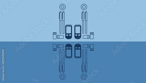 Symmetrical Diabetes Care Equipment, Duplicated Medical Supplies Layout, Diagnostic Tools and Vials