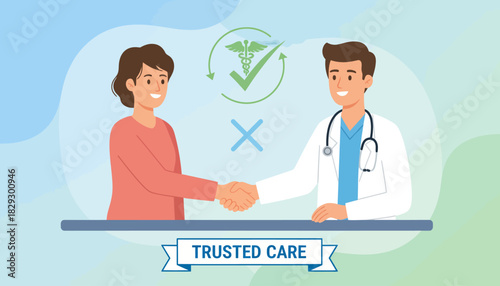 Trusted Care Doctor Patient Handshake, Professional Medical Service Icon, Physician and Client Agreement