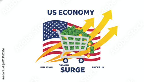 US Economy Growth Surge Concept, Inflation and Rising Prices Illustration, American Market Uptrend