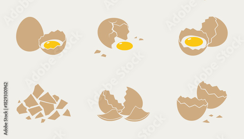 Various Cracked Egg Illustrations, Brown Egg Shell Broken Set, Cooking and Baking Ingredient Vector