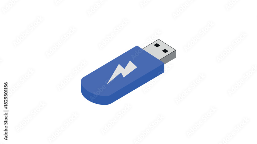 Fototapeta premium Blue USB Flash Drive with Lightning Bolt Icon Isometric View