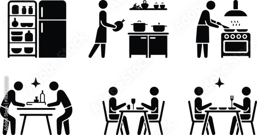 Collection of monochrome kitchen and dining icons showing cooking and mealtime activities