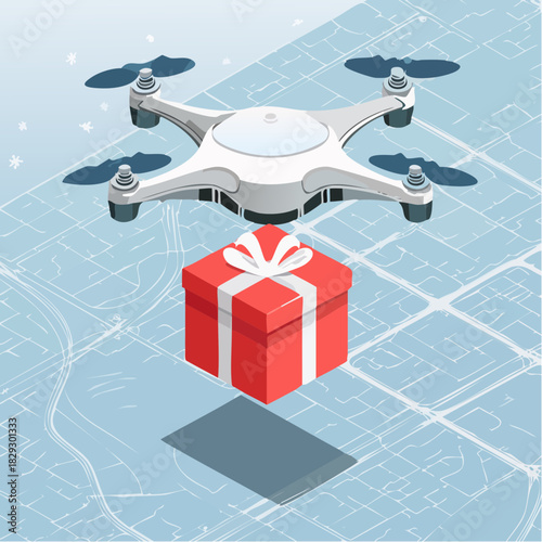 Drone Delivering Gift Package Over City Map - Modern Delivery Concept